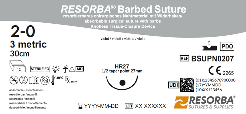 РЕСОРБА Барбд Сичер USP2-0 фіолетовий з борідками 30см, кол.голка 27мм, 1/2кола